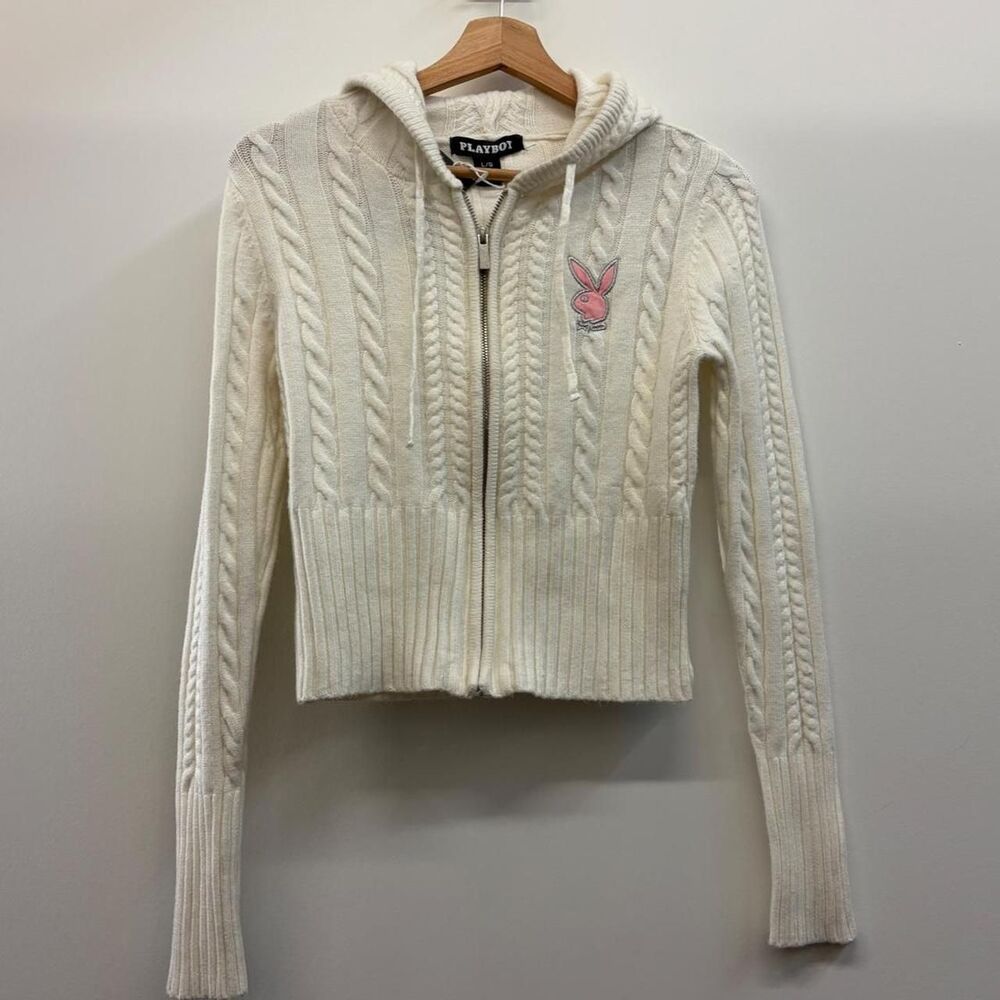 Playboy Women's Cream and White Hoodie Size Medium